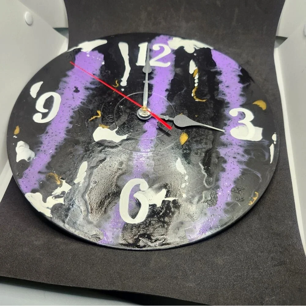 Hand Crafted Abstract Hanging Wall Clock Analog Vinyl Record Fluid Art Decor